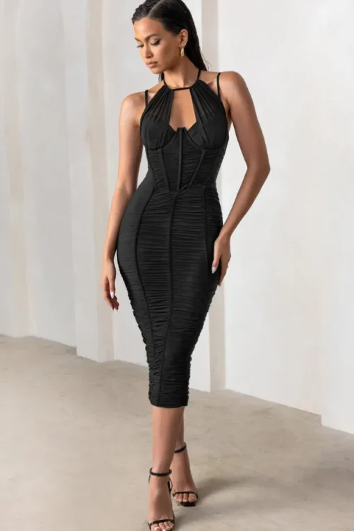 Liveliness | Black Halter Neck Midi Dress With Mesh Overlay