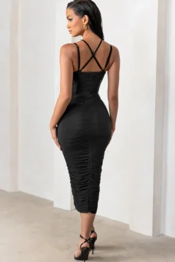 Liveliness | Black Halter Neck Midi Dress With Mesh Overlay