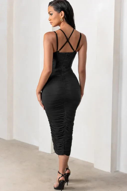 Liveliness | Black Halter Neck Midi Dress With Mesh Overlay