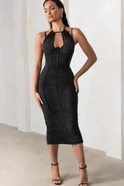 Liveliness | Black Halter Neck Midi Dress With Mesh Overlay