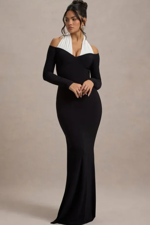 Living High | Black u0026 White Halter-Neck Split Maxi Dress