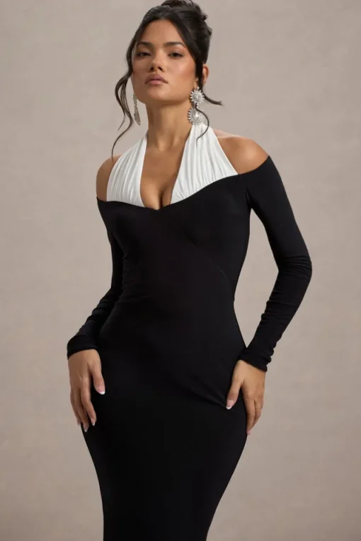 Living High | Black u0026 White Halter-Neck Split Maxi Dress