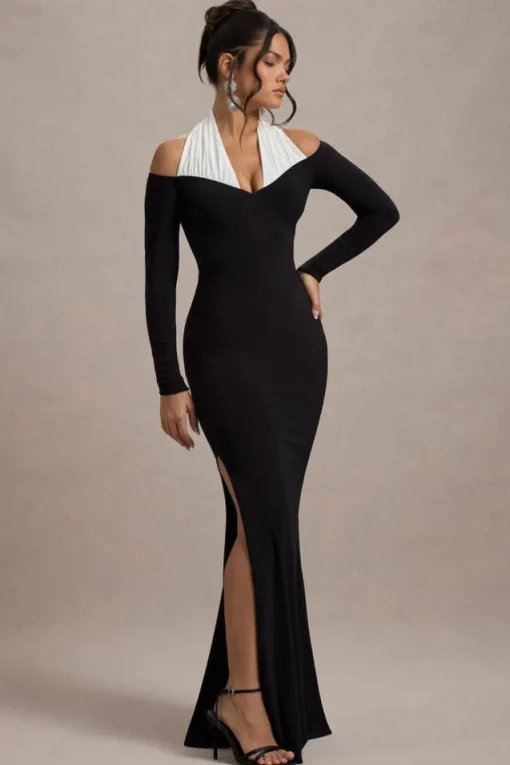Living High | Black u0026 White Halter-Neck Split Maxi Dress