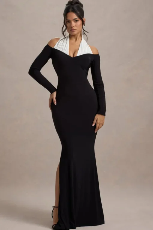Living High | Black u0026 White Halter-Neck Split Maxi Dress