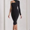 Liz | Black Halter-Neck One Sleeve Open-Back Midi Dress With Sash