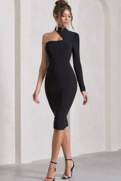 Liz | Black Halter-Neck One Sleeve Open-Back Midi Dress With Sash