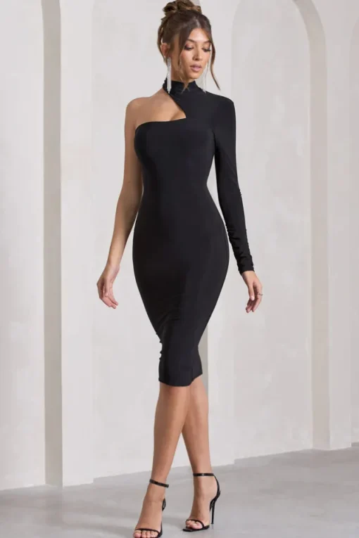 Liz | Black Halter-Neck One Sleeve Open-Back Midi Dress With Sash