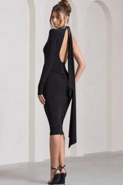 Liz | Black Halter-Neck One Sleeve Open-Back Midi Dress With Sash