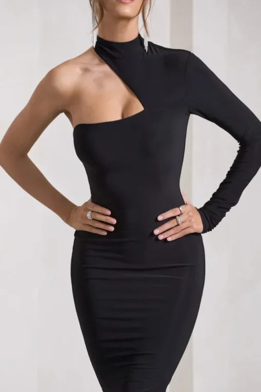 Liz | Black Halter-Neck One Sleeve Open-Back Midi Dress With Sash