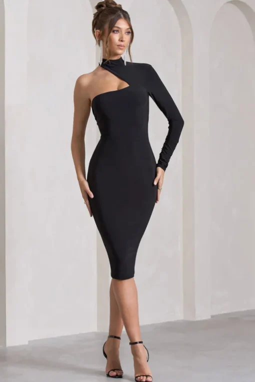 Liz | Black Halter-Neck One Sleeve Open-Back Midi Dress With Sash