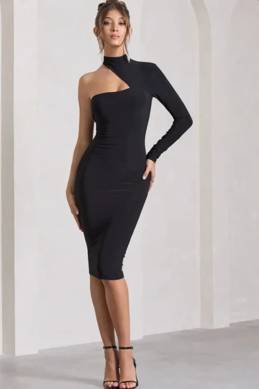 Liz | Black Halter-Neck One Sleeve Open-Back Midi Dress With Sash
