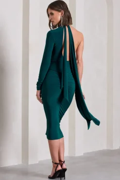 Liz | Bottle Green Halter-Neck One Sleeve Open-Back Midi Dress With Sash