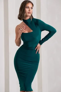 Liz | Bottle Green Halter-Neck One Sleeve Open-Back Midi Dress With Sash