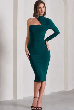 Liz | Bottle Green Halter-Neck One Sleeve Open-Back Midi Dress With Sash