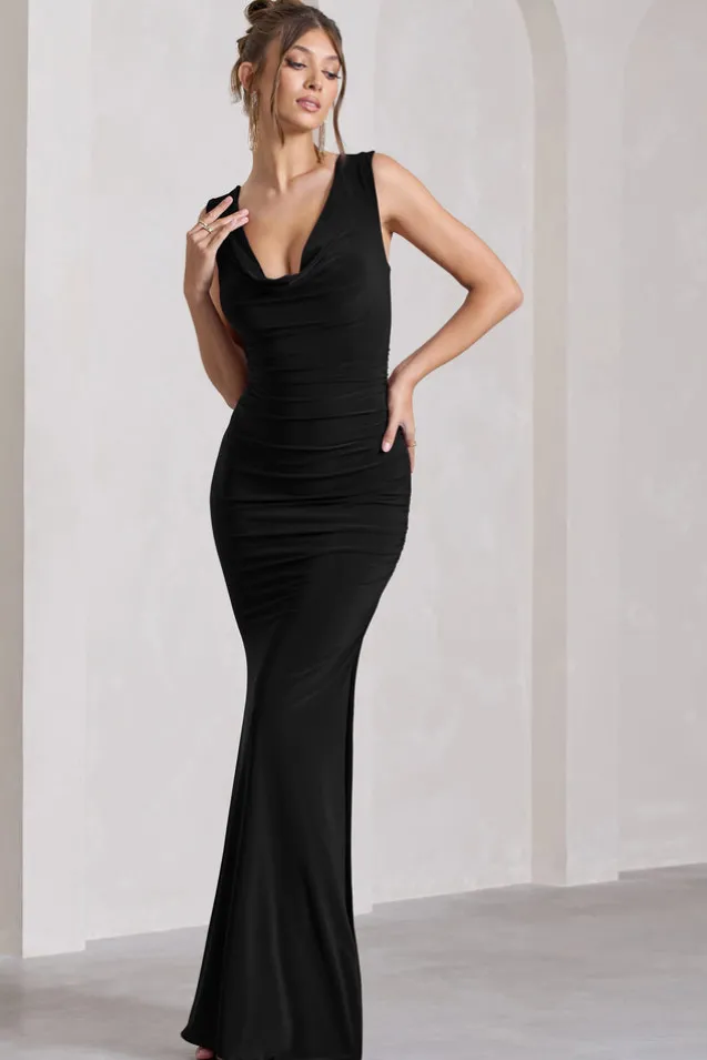 Lolita | Black Ruched Cowl-Neck Sleeveless Maxi Dress