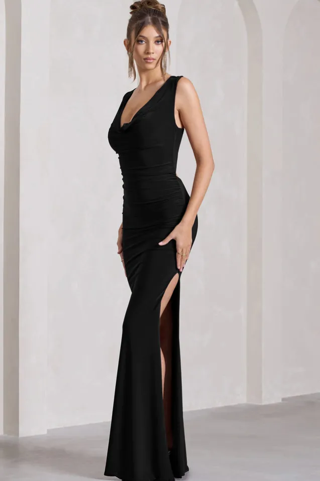 Lolita | Black Ruched Cowl-Neck Sleeveless Maxi Dress