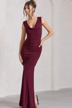 Lolita | Burgundy Ruched Cowl-Neck Sleeveless Maxi Dress