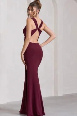 Lolita | Burgundy Ruched Cowl-Neck Sleeveless Maxi Dress