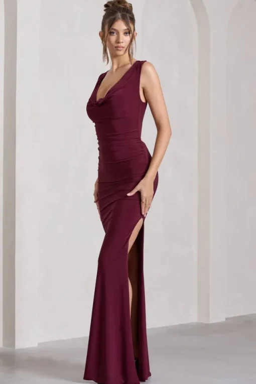 Lolita | Burgundy Ruched Cowl-Neck Sleeveless Maxi Dress