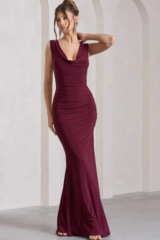 Lolita | Burgundy Ruched Cowl-Neck Sleeveless Maxi Dress