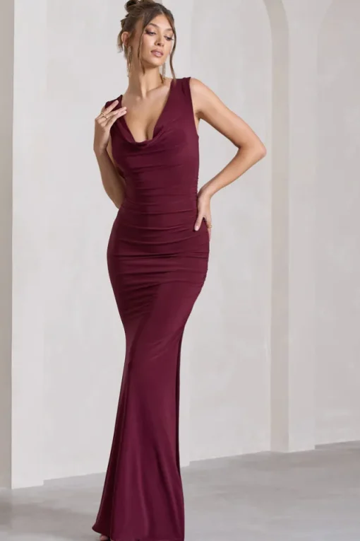 Lolita | Burgundy Ruched Cowl-Neck Sleeveless Maxi Dress