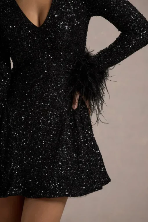 Lopez | Black Sequin Plunge-Neck Feather Trim Mini Dress