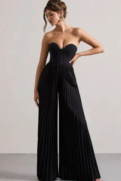Lorelai | Black Corset Plisse Wide-Leg Jumpsuit