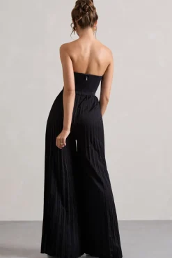 Lorelai | Black Corset Plisse Wide-Leg Jumpsuit