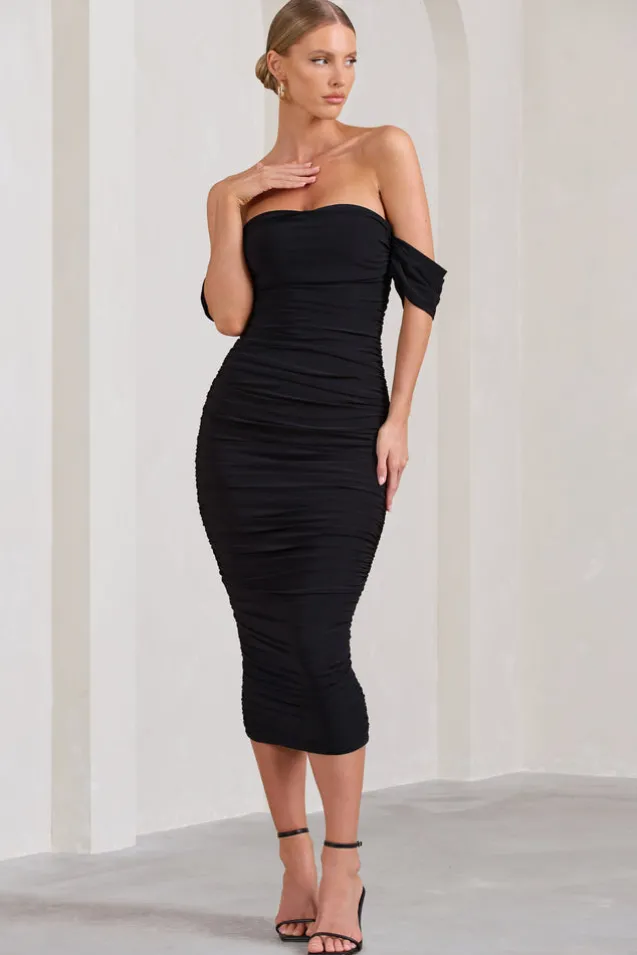 Lost For Words | Black Bardot Ruched Draped Midi Dress