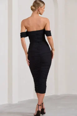 Lost For Words | Black Bardot Ruched Draped Midi Dress