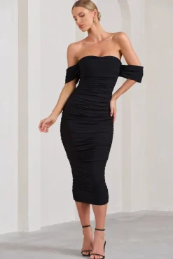 Lost For Words | Black Bardot Ruched Draped Midi Dress