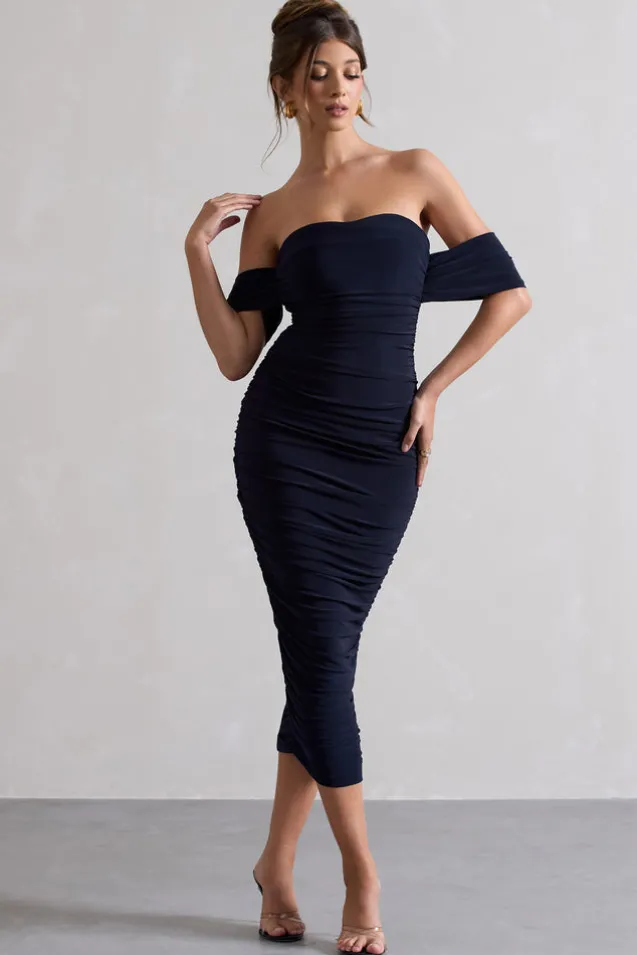 Lost For Words | Navy Bardot Ruched Draped Midi Dress