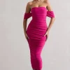 Lost For Words | Pink Bardot Ruched Draped Midi Dress