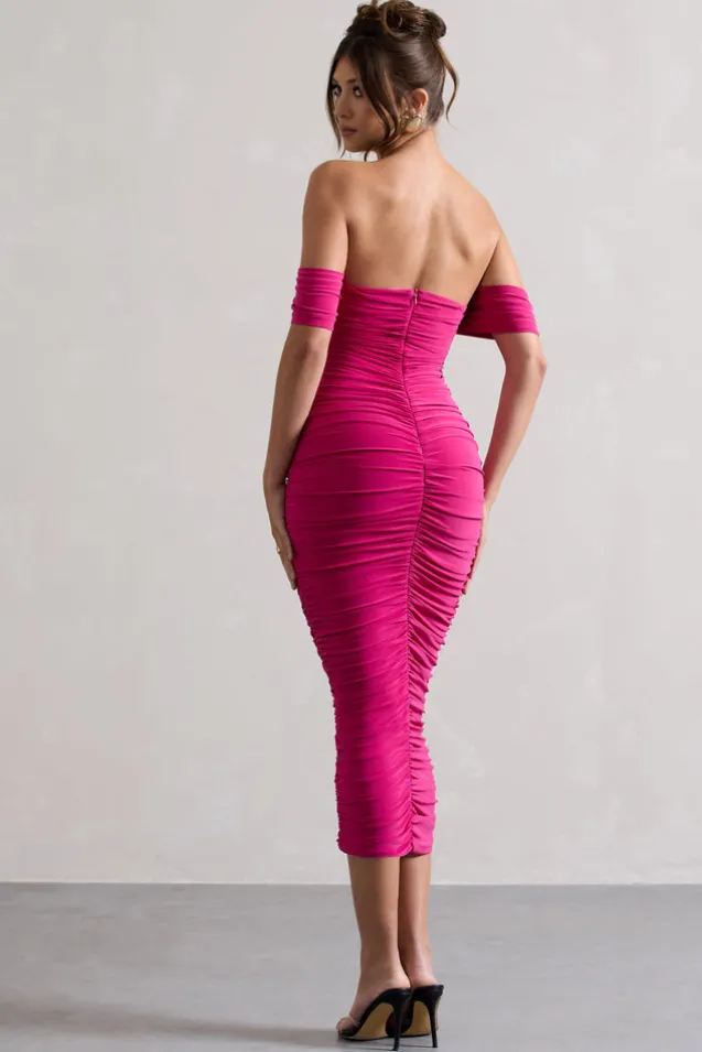 Lost For Words | Pink Bardot Ruched Draped Midi Dress