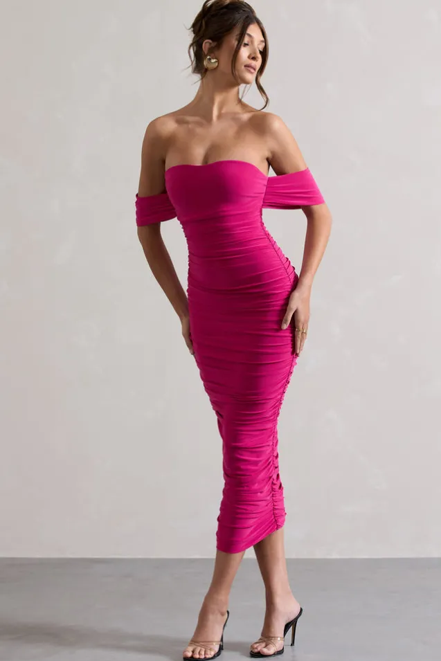 Lost For Words | Pink Bardot Ruched Draped Midi Dress