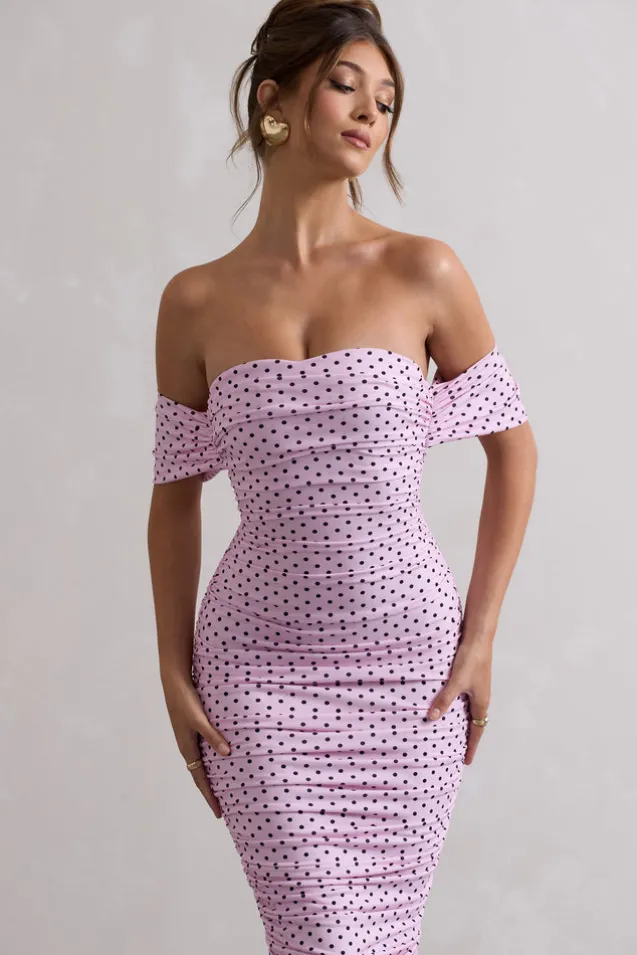 Lost For Words | Pink Polka Dot Bardot Ruched Draped Midi Dress