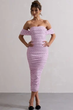 Lost For Words | Pink Polka Dot Bardot Ruched Draped Midi Dress