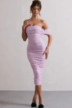 Lost For Words | Pink Polka Dot Bardot Ruched Draped Midi Dress