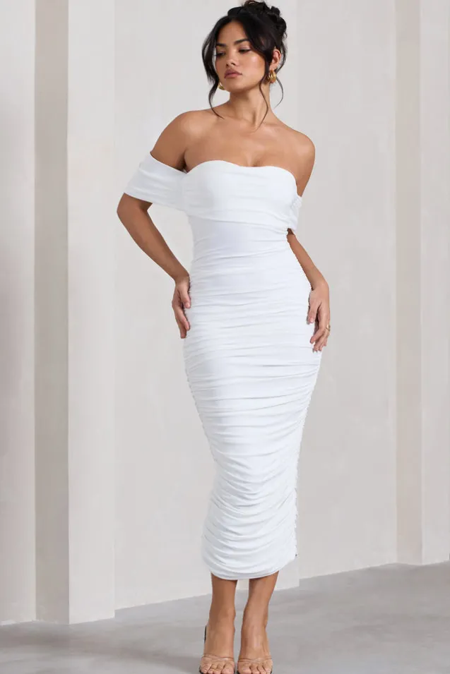 Lost For Words | White Bardot Ruched Draped Midi Dress