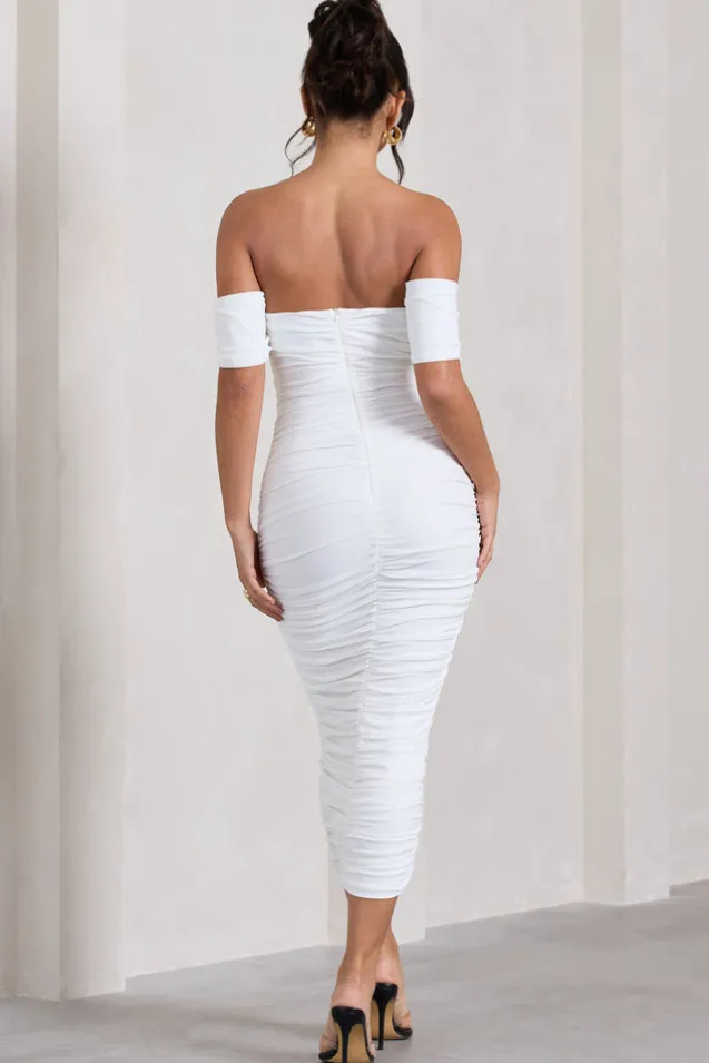 Lost For Words | White Bardot Ruched Draped Midi Dress