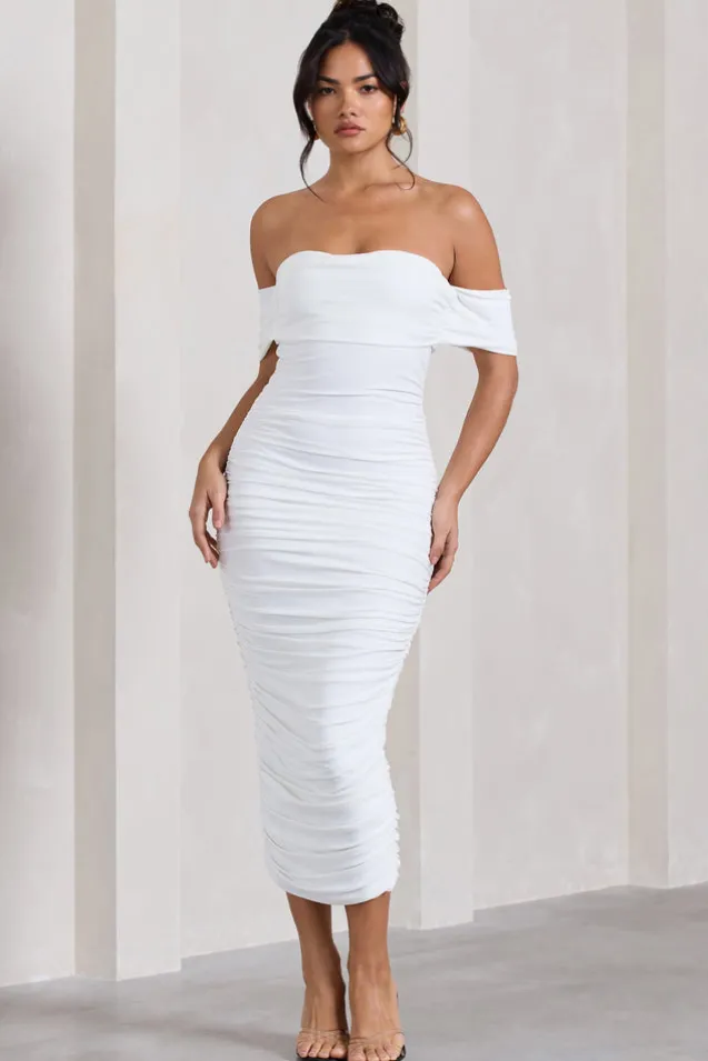 Lost For Words | White Bardot Ruched Draped Midi Dress