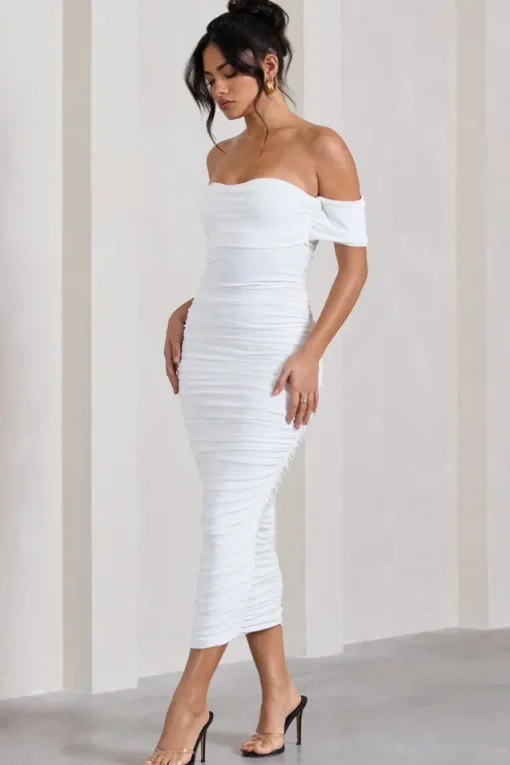 Lost For Words | White Bardot Ruched Draped Midi Dress