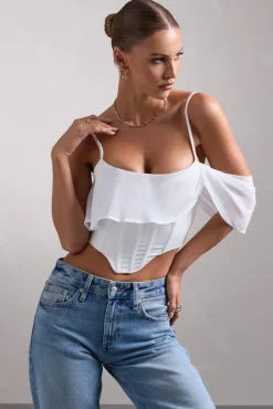 Lost In Your Love | White Asymmetric Corset Top With Draped Chiffon Sleeve