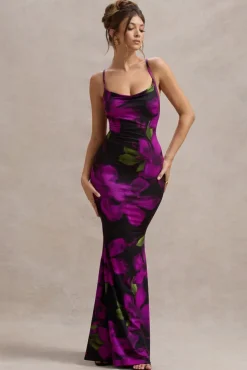 Lotus | Purple Floral Print Cowl-Neck Maxi Dress