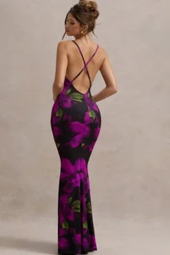 Lotus | Purple Floral Print Cowl-Neck Maxi Dress