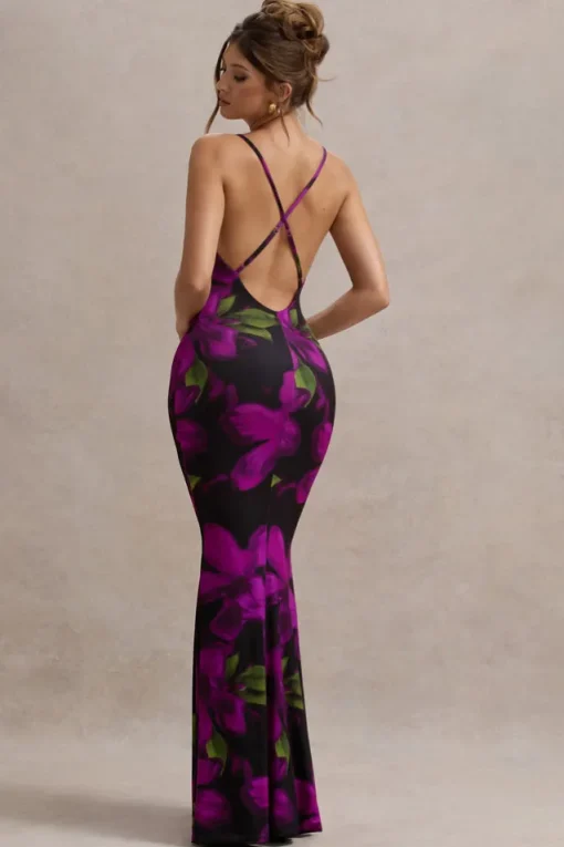 Lotus | Purple Floral Print Cowl-Neck Maxi Dress