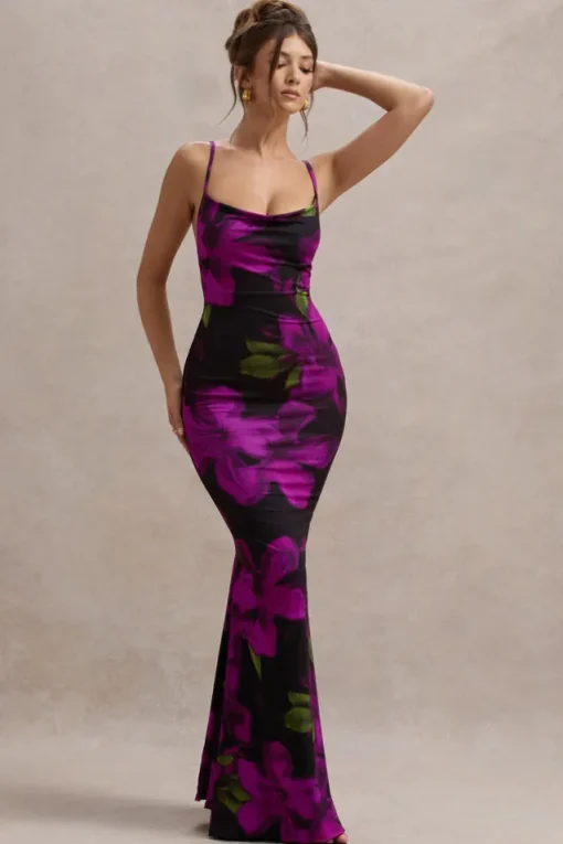 Lotus | Purple Floral Print Cowl-Neck Maxi Dress