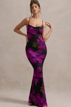 Lotus | Purple Floral Print Cowl-Neck Maxi Dress