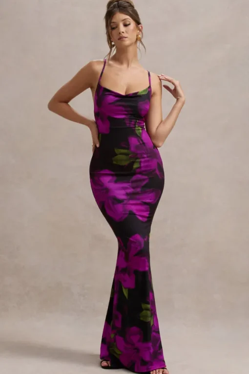 Lotus | Purple Floral Print Cowl-Neck Maxi Dress