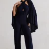 Lourdes | Navy Halter-Neck Straight-Leg Jumpsuit With Cape